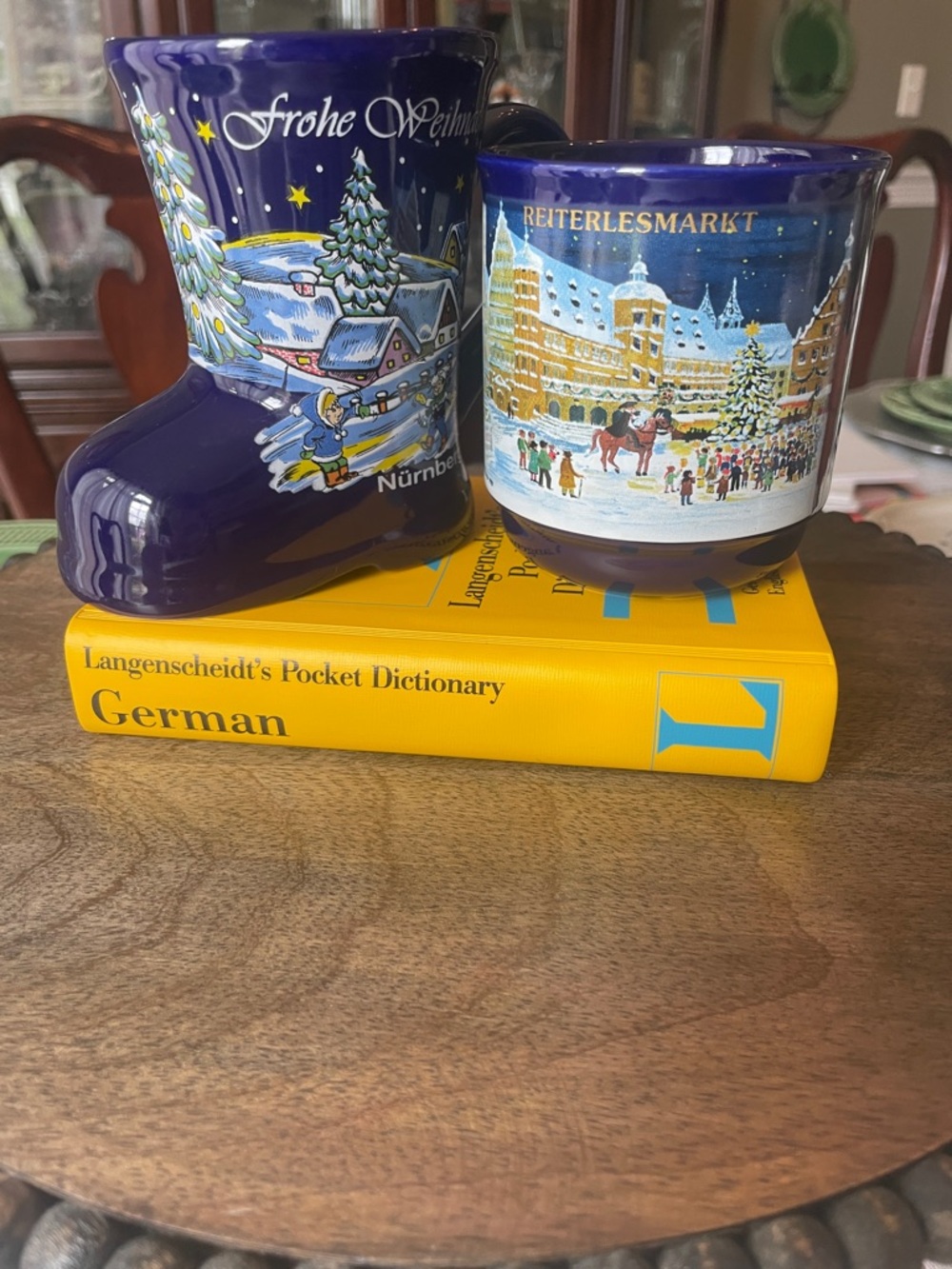 Blue Frohe Weihnachten Boot Mug, Reiterlesmarkt mug and German Dictionary